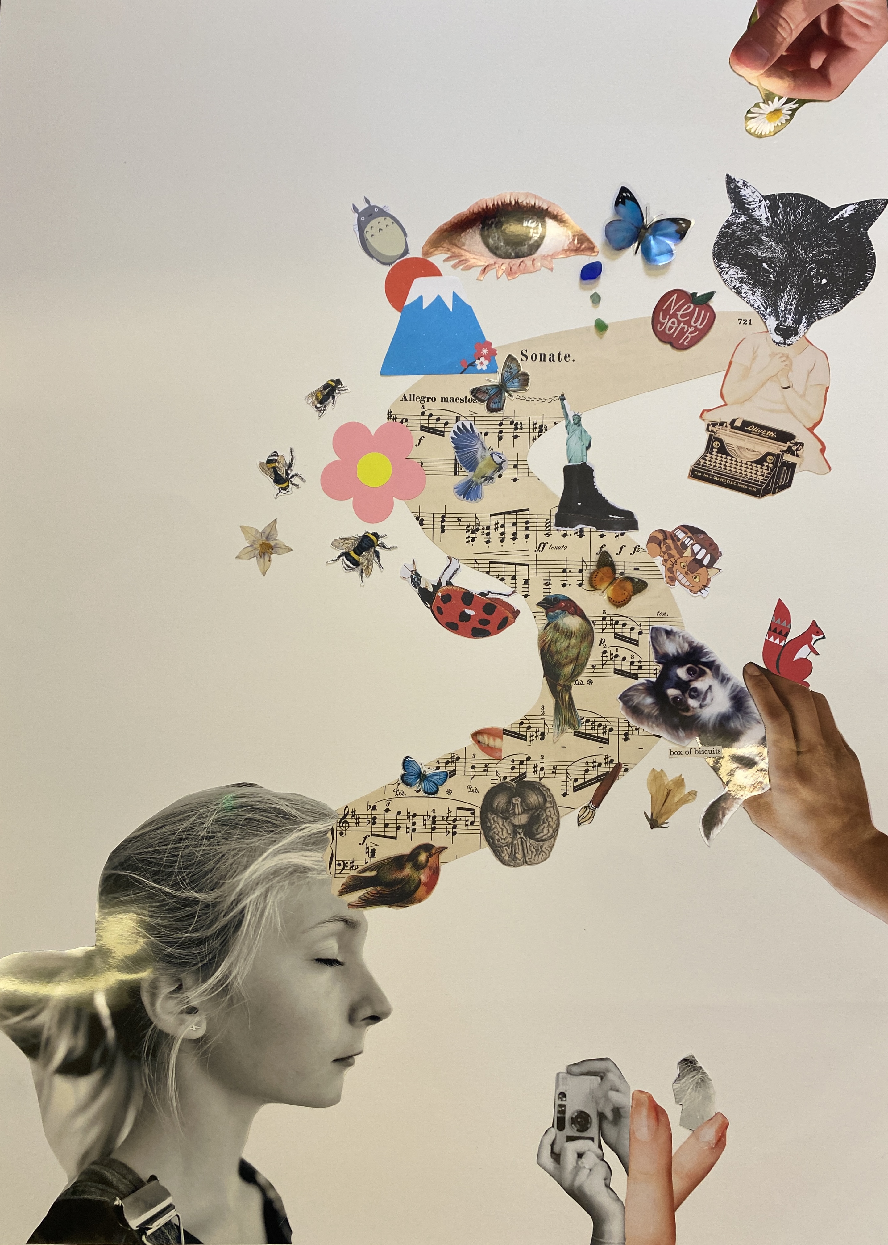 Art of a girl with a collage of items floating out of her head